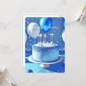 青いお誕生日ケーキかわいらしバルーン紙吹雪 カード (正面/裏面インサイチュ)