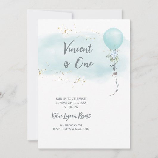 青いお誕生日招待状 赤ちゃん 男の子 水彩  招待状 (正面)
