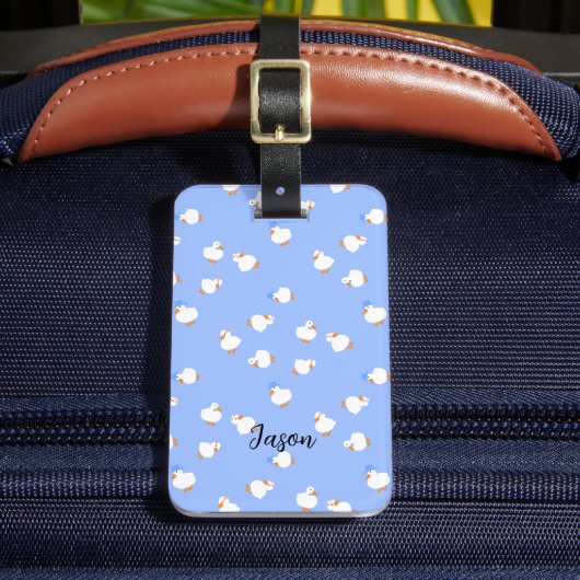 青いかわいいアヒルの手描きコンタクト ラゲッジタグ (正面インサイチュ2)