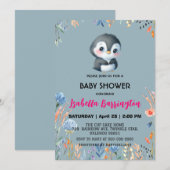 青いかわいいペンギンの優しい花のベビーシャワー子供たち 招待状 (正面/裏面)