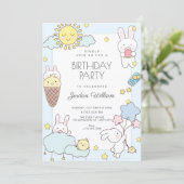 青いかわいい楽しい誕生日 招待状 (スタンド正面)