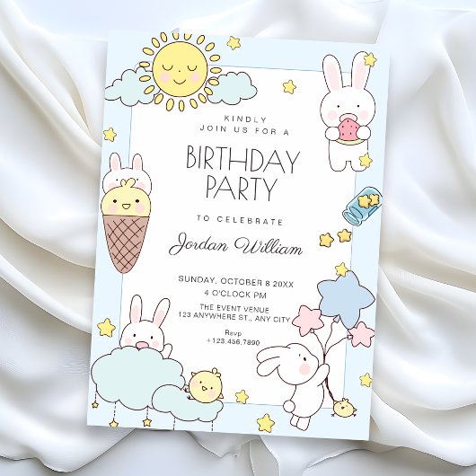 青いかわいい楽しい誕生日 招待状