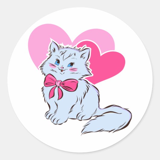 青いかわいい猫とピンクのリボンとハート ラウンドシール (正面)