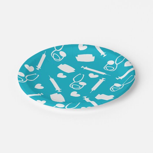 青いかわいらしいナースのテーマの紙皿 ペーパープレート (アングル)