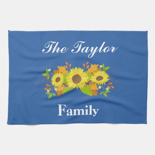 青いかわいらしひまわり キッチンタオル (横)