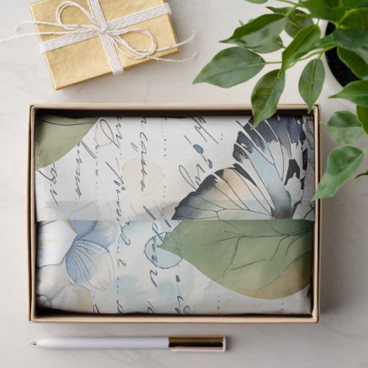 青いかわいらしアジサイEphemeraスクリプトのデコページ 薄葉紙 (ギフト)