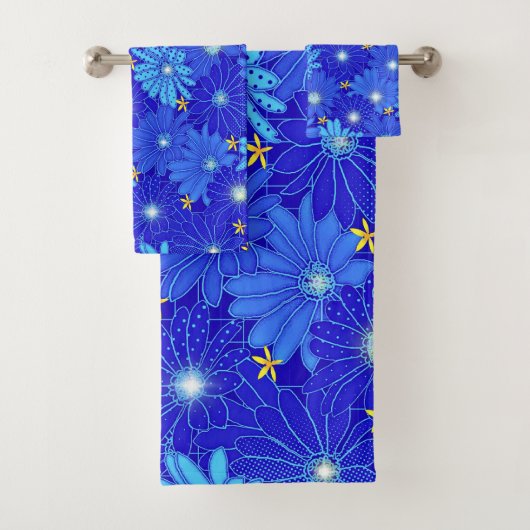 青いかわいらしデイジーパターン バスタオルセット (インサイチュ)
