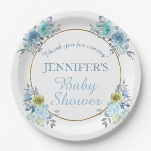 青いかわいらしフローラ男の子のシャワー ペーパープレート (正面)