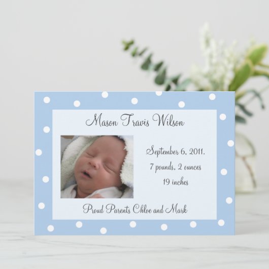 青いかわいらし水玉模様の誕生発表 案内状 (スタンド正面)