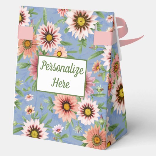 青いかわいらし花の上にピンクのデイジー フェイバーボックス (裏面)