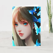 青いかわいらし蝶の女性誕生日 カード (正面)