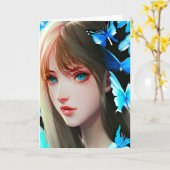 青いかわいらし蝶の女性誕生日 カード (黄色い花)