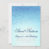 青いきらきらグリッタークラウン スウィート16誕生日パーティー 招待状 (正面)