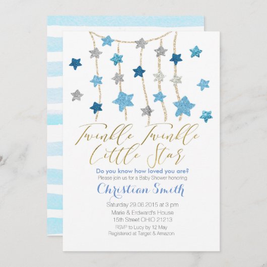 青いきらめきは男の子のベビーシャワーの招待を主演します 招待状 (正面/裏面)