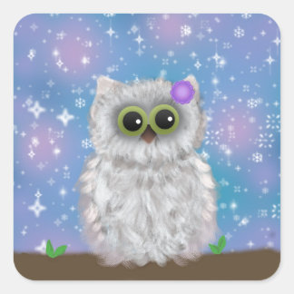 青いきらめく/雪の空の白フクロウの絵 スクエアシール