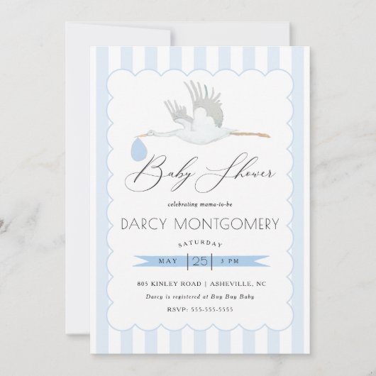 青いこうのとりの男の子のベビーシャワーの招待状 招待状 (正面)