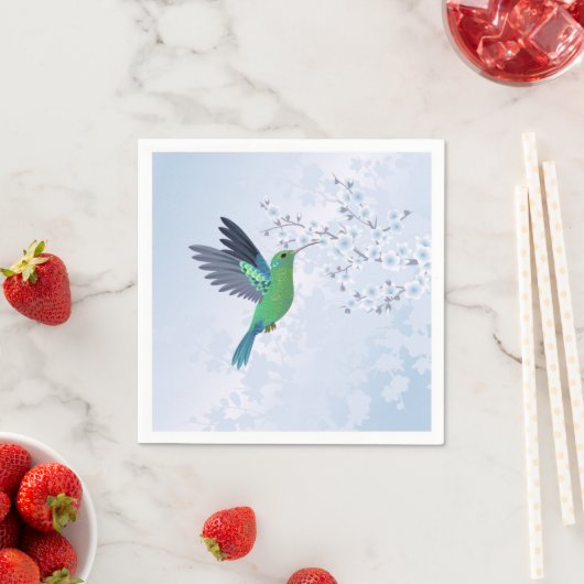 青いさくらんぼの花と緑のハミングバード スタンダードカクテルナプキン (インサイチュ)