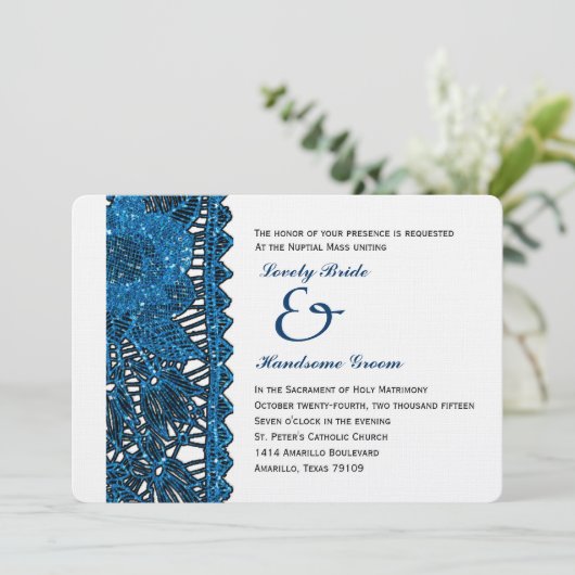 青いちりばめられたレースのカトリック教徒の結婚式招待状 招待状 (スタンド正面)