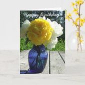 青いつぼのハッピーバースデーカードの黄色いシャクヤク カード (黄色い花)