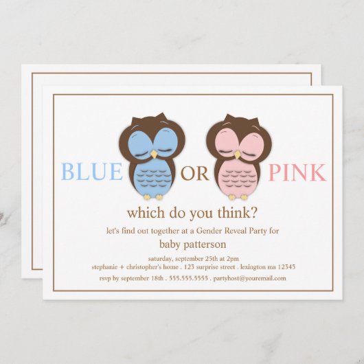 青いですかピンクのコキンメフクロウのベビーの性はパーティーを明らかにします 招待状 (正面/裏面)