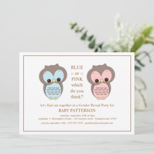 青いですかピンクのフクロウのベビーの性はパーティーを明らかにします 招待状 (スタンド正面)