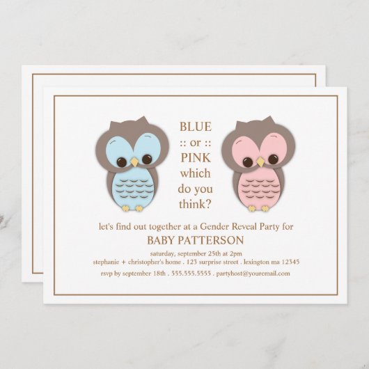 青いですかピンクのフクロウのベビーの性はパーティーを明らかにします 招待状 (正面/裏面)