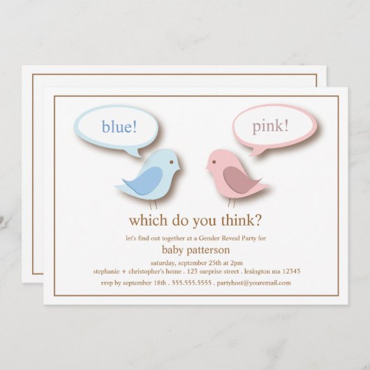 青いですかピンクの小さい鳥の性はパーティーを明らかにします 招待状 (正面/裏面)