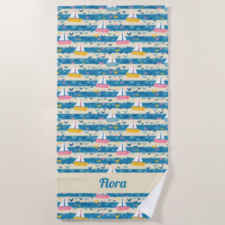 青いに浮かぶレトロピンクの帆船の幸ストライプせ ビーチタオル