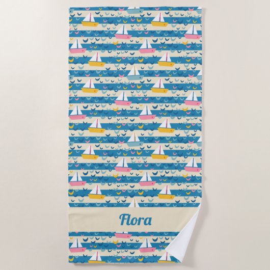 青いに浮かぶレトロピンクの帆船の幸ストライプせ ビーチタオル (正面)