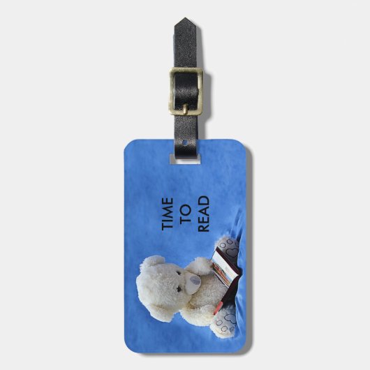 青いぬいぐるみ読動物、ZKOAへのテディベア時間 ラゲッジタグ (正面縦)
