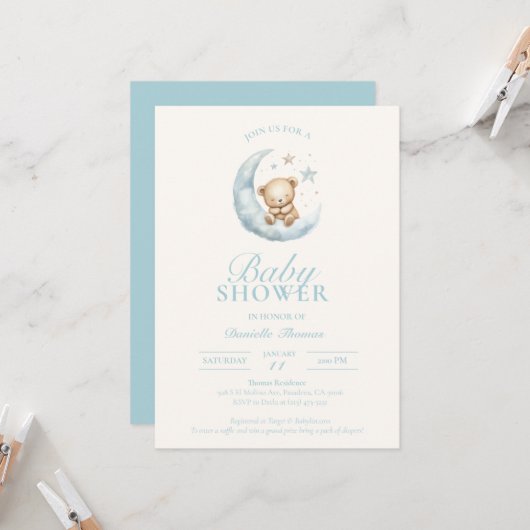 青いねむねむテディベアの男の子ベビーシャワー招待状 招待状 (正面/裏面インサイチュ)