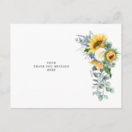 青いひまわりの花嫁の感謝カードを描いた インビテーションポストカード (裏面)
