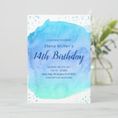 青いぼかし水彩の金のラメ  招待状 (スタンド正面)