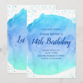 青いぼかし水彩の金のラメ  招待状 (正面/裏面)