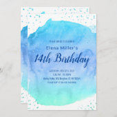 青いぼかし水彩筆致の金ラメ 招待状 (正面/裏面)