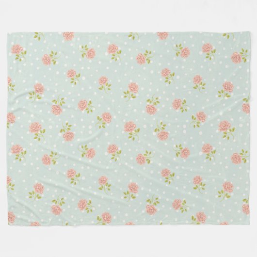 青いみすぼ淡い色のらしいシックな水玉模様の白いピンクフローラ フリースブランケット (正面(横))