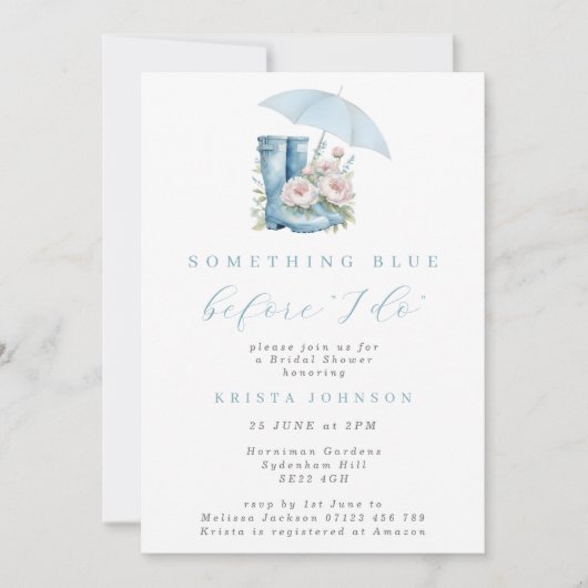 青いものが欲しい!その前に... レインブーツのブライダルシャワー 招待状 (正面)