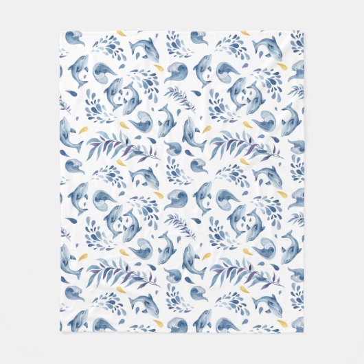 青いよくはしゃぐイルカと波 フリースブランケット (正面)