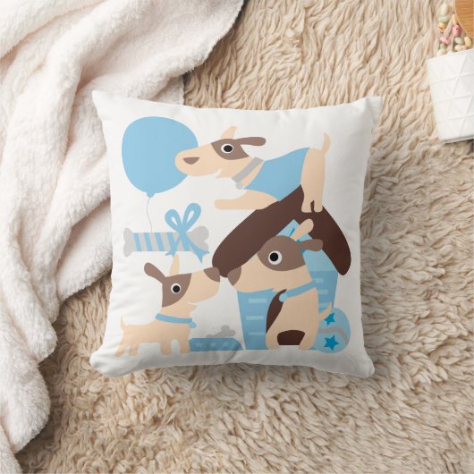 青いよくはしゃぐ子犬枕 クッション (ブランケット)