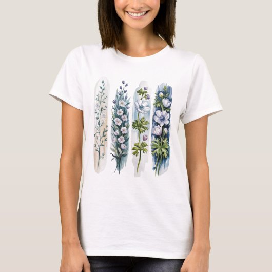 青いろのアネモネ・ポピーの花のグラデーション Tシャツ (正面)