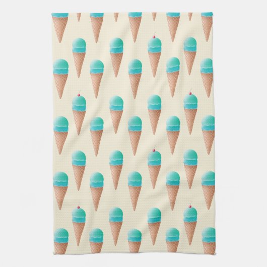 青いアイスクリームのコーンパターン、淡い黄色 キッチンタオル (縦)