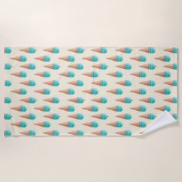 青いアイスクリームのコーンパターン、淡い黄色 ビーチタオル