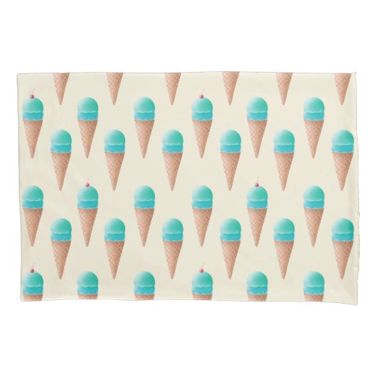 青いアイスクリームのコーンパターン、淡い黄色 枕カバー (正面)