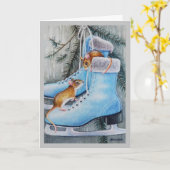 青いアイススケートとマウス ホリデー ホーム 水彩画 カード (黄色い花)