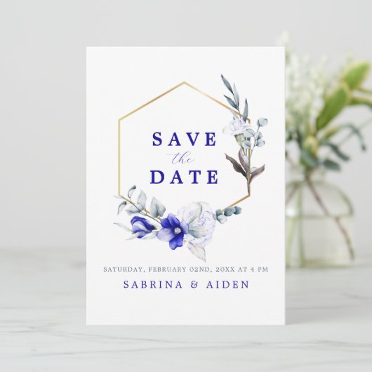 青いアイボリー王室のフローラ写真の影結婚 セーブザデート (スタンド正面)