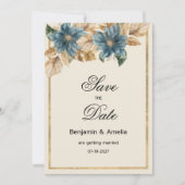 青いアイボリー金ゴールド秋春フローラ日付の保存 招待状 (正面)