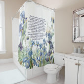 青いアイリスによっては祈りの言葉の花のシャワー・カーテンが開花します シャワーカーテン (インサイチュ)