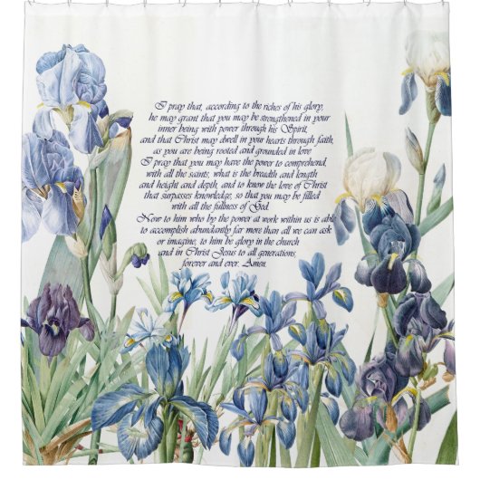 青いアイリスによっては祈りの言葉の花のシャワー・カーテンが開花します シャワーカーテン (正面)