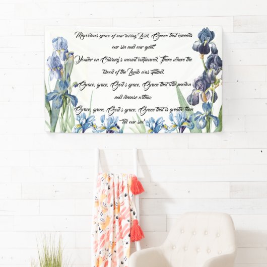 青いアイリスによっては神の優美の歌のクリスチャンの旗が開花します 横断幕 (インサイチュ)