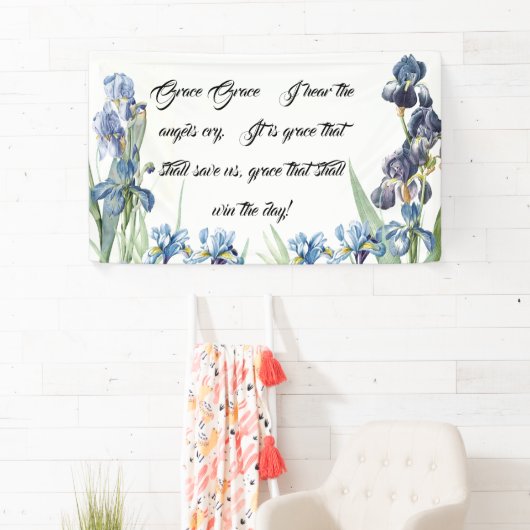 青いアイリスによっては神の優美の詩のクリスチャンの旗が開花します 横断幕 (インサイチュ)